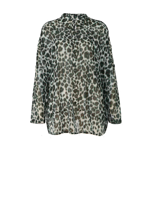 shirr longsleeve shirt / pixel green animal print
