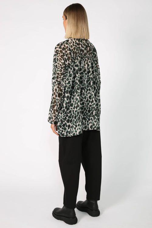 shirr longsleeve shirt / pixel green animal print