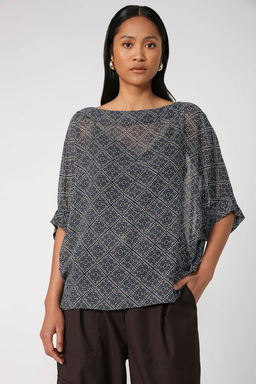 orbis top / blue|black tile print