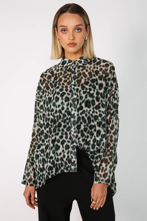 shirr longsleeve shirt / pixel green animal print