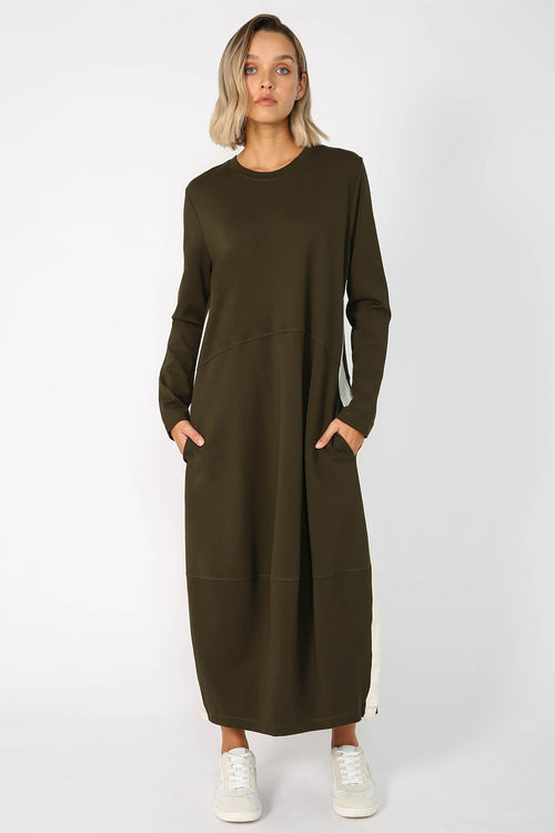 gains long sleeve spin dress / khaki|ecru stripe