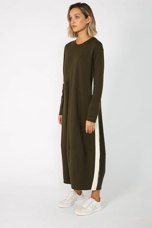 gains long sleeve spin dress / khaki|ecru stripe
