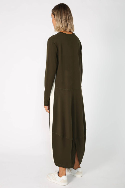 gains long sleeve spin dress / khaki|ecru stripe