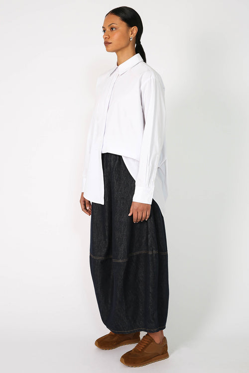 denim maxi spin skirt / indigo blue denim