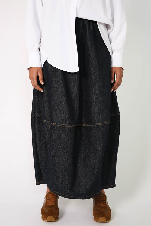 denim maxi spin skirt / indigo blue denim