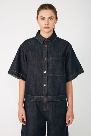 boxed denim jacket / indigo blue denim