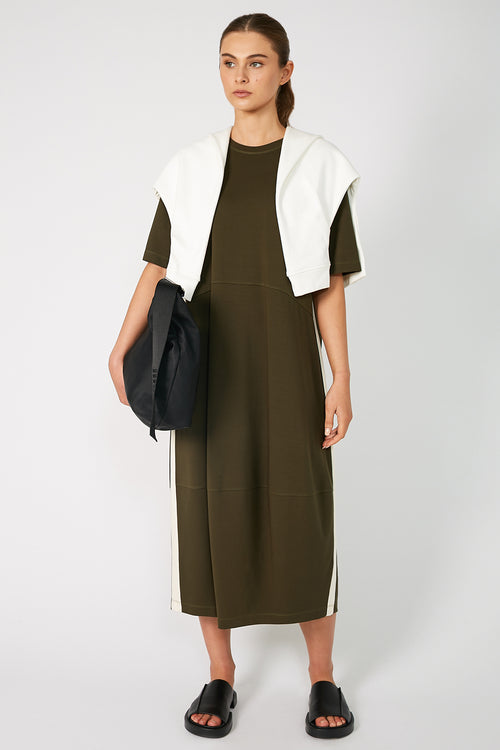 gains short sleeve spin dress / khaki|ecru stripe