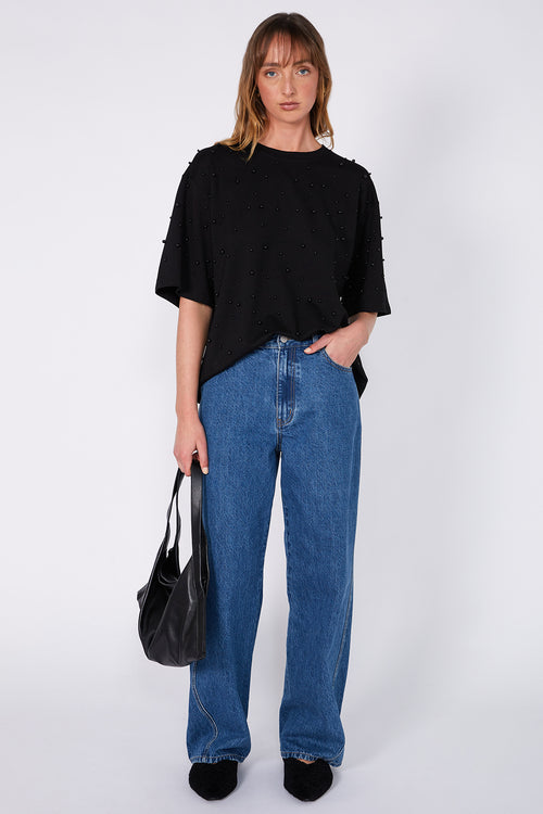 ornamental short sleeve top / black