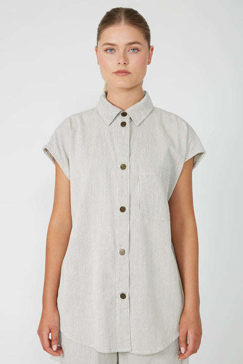 turning vest shacket / ecru|black pinstripe