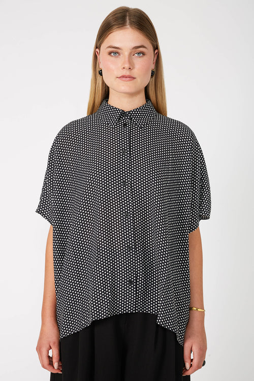 shirr shirt / black|ivory polka dot