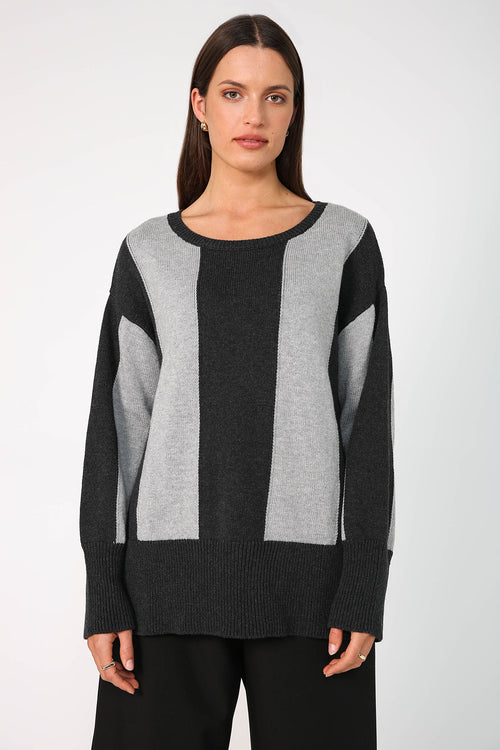 blocked sweater / grey|charcoal marle wide stripe