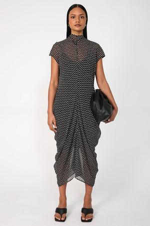 cove cap sleeve dress / black|ecru geo print