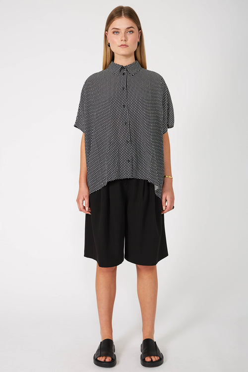 shirr shirt / black|ivory polka dot