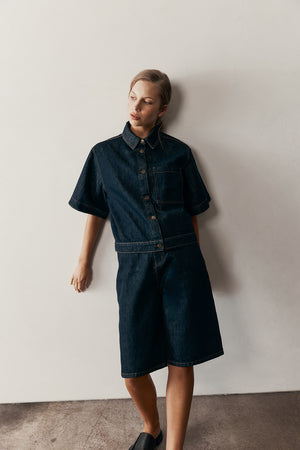 boxed denim jacket / indigo blue denim