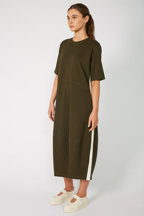 gains short sleeve spin dress / khaki|ecru stripe