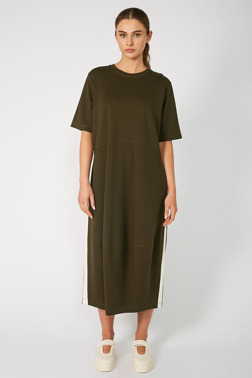 gains short sleeve spin dress / khaki|ecru stripe