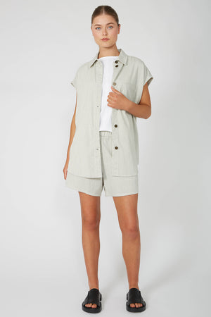 turning vest shacket / ecru|black pinstripe