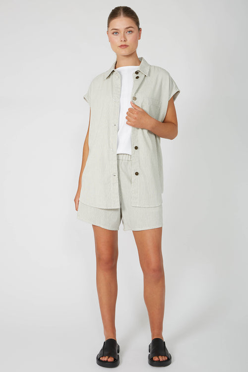 turning vest shacket / ecru|black pinstripe