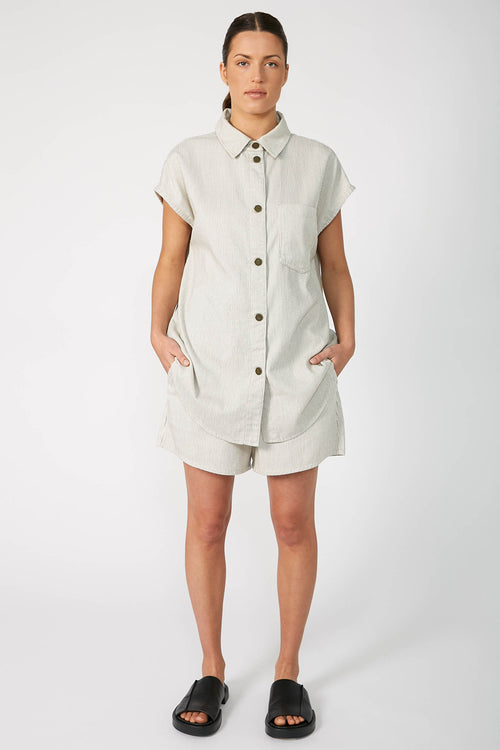 turning vest shacket / ecru|black pinstripe