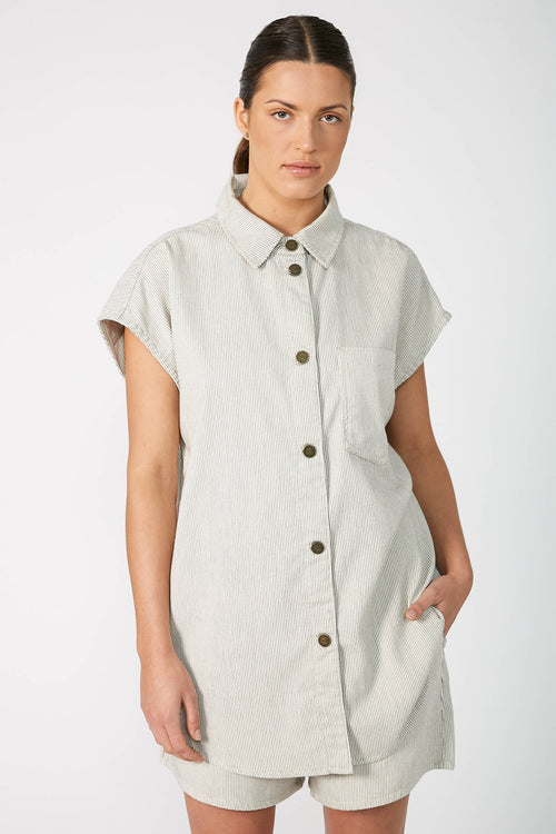 turning vest shacket / ecru|black pinstripe