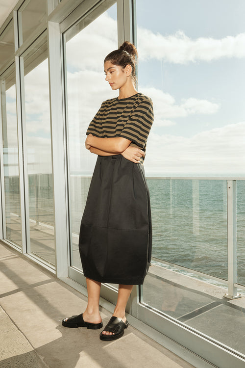 headspin dress / black|khaki wide stripe