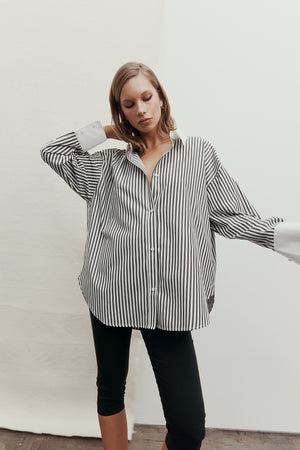 untold contrast oversize shirt / chocolate black|white stripe