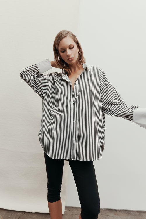 untold contrast oversize shirt / chocolate black|white stripe