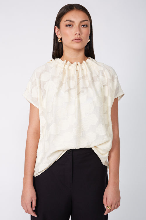 avid short sleeve top / ivory flocked lace