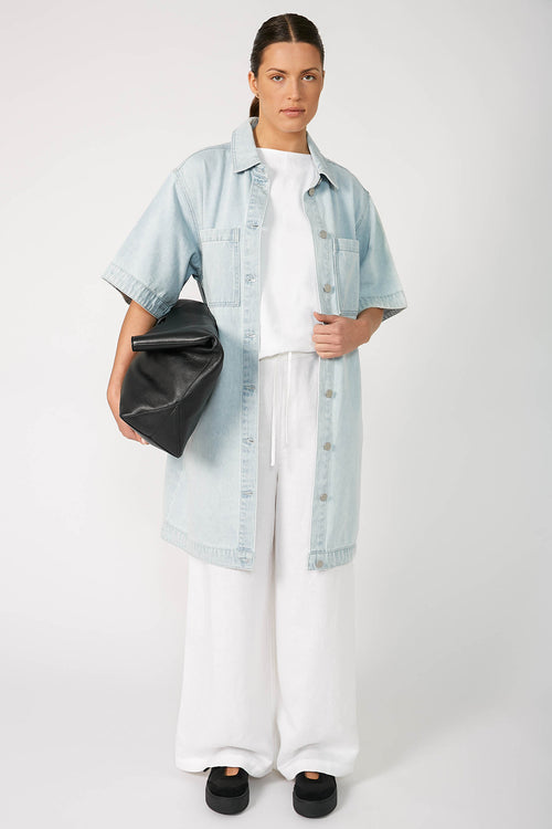 boxed denim dress / faded blue denim