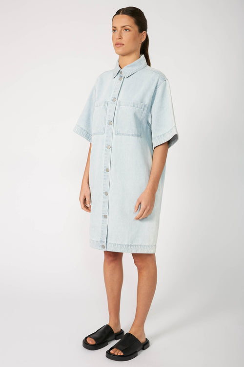 boxed denim dress / faded blue denim
