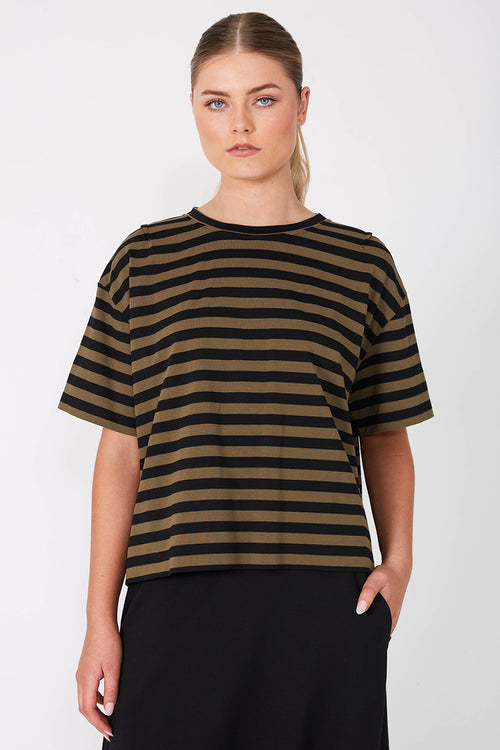 boxed tee / black|khaki wide stripe