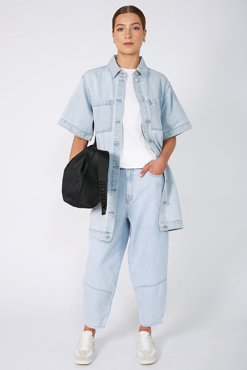 boxed denim dress / faded blue denim