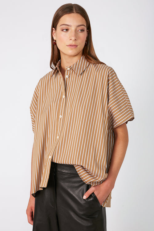 shirr shirt / camel|white stripe
