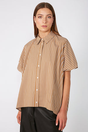 shirr shirt / camel|white stripe