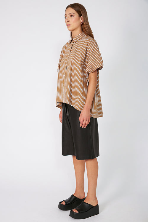 shirr shirt / camel|white stripe