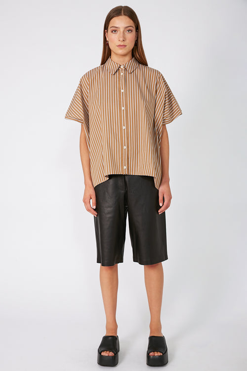 shirr shirt / camel|white stripe