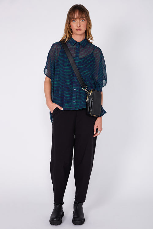 shirr shirt / teal|green code print