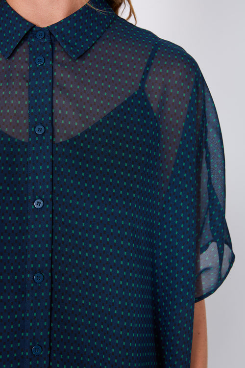 shirr shirt / teal|green code print